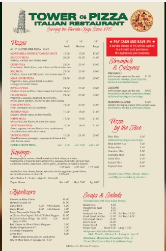 Tower of Pizza menu