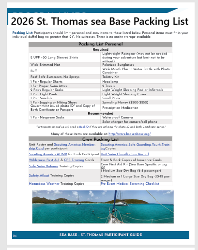 2026 St. Thomas, VI Adventures Sea Base Packing list