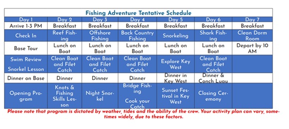 BEC Fishing Adventure typical schedule