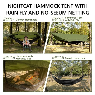 Night Cat Camping Hammock Tent: Lightweight Portable 4 in 1 Hammock with Rain Tarp and Mosquito Net