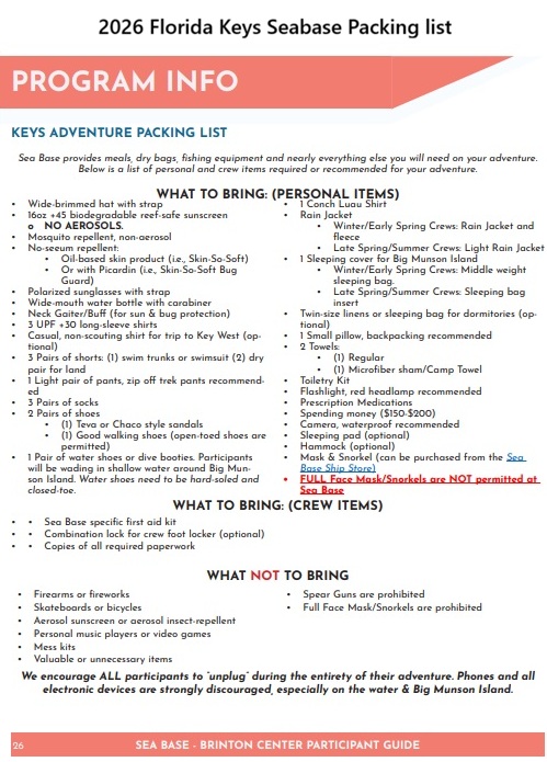 2026 Florida Keys Seabase Packing list