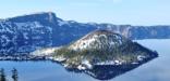 The view from Rim Village of Crater Lake, Wizard Island and Llao Rock.
