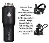 Water Bottle 32oz,Wide Mouth Stainless Steel Vacuum Insulated Double Wall Keep Liquids Cold or Hot All Day,Sweat Proof Sport Design,Fit Car Cup Holder